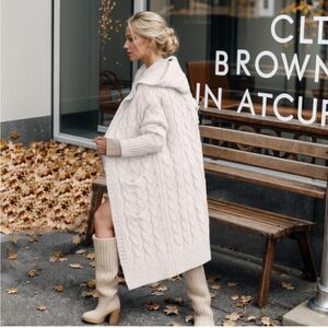 Women Hooded Open Front Cardigan Cable Knit Sweater Coats Beige Chunky Oversized